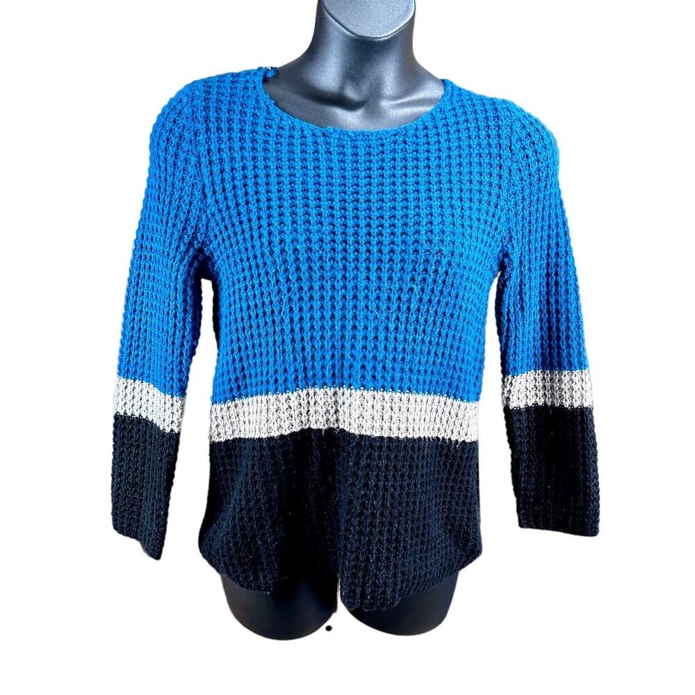 Romeo & Juliet Couture Blue black grey striped knit sweater casual warm SZ large